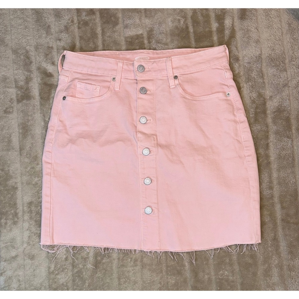 Old Navy Pink‎ Denim Mini Skirt Button Front Frayed Hem Casual Size 4